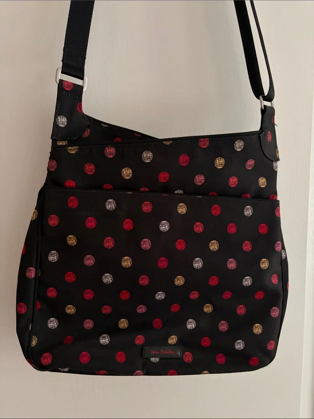 Vera Bradley Black Crossbody with Red, Gold, and Gray Polka Dots - Picture 4 of 12